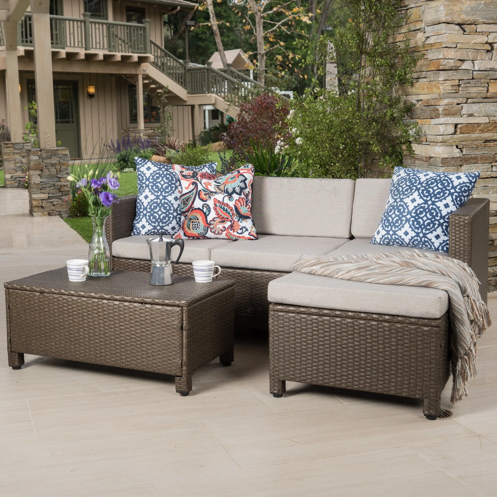 Outdoor L-shape Brown Wicker Sofa w/ Cushions - NH109992 patio chairs, outdoor seating