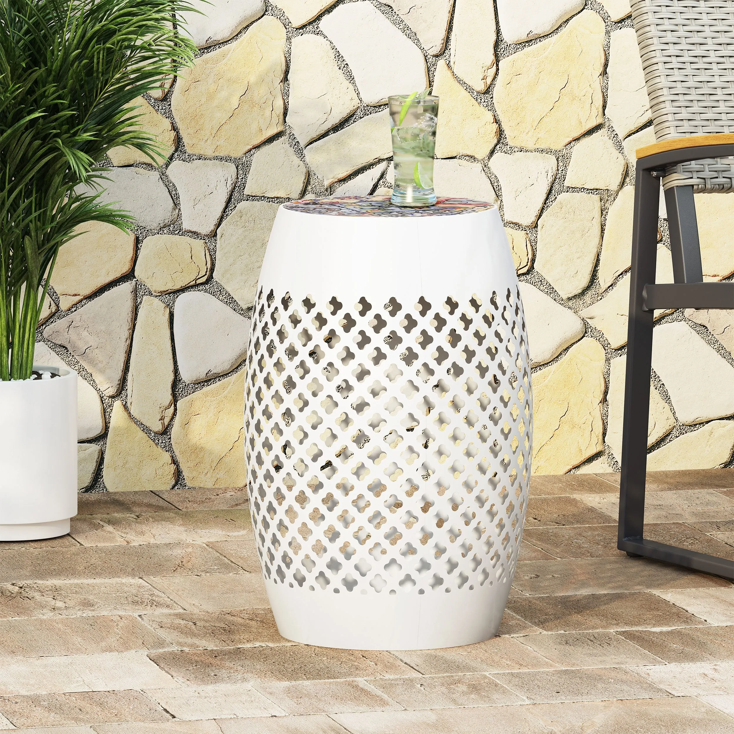 Outdoor Lace Cut Side Table with Tile Top - NH450313 patio chairs, outdoor seating