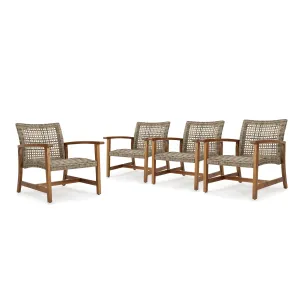 Outdoor Mid Century Gray Wicker Club Chairs with Wood Frame (Set of 4) - NH200403 patio chairs, outdoor seating