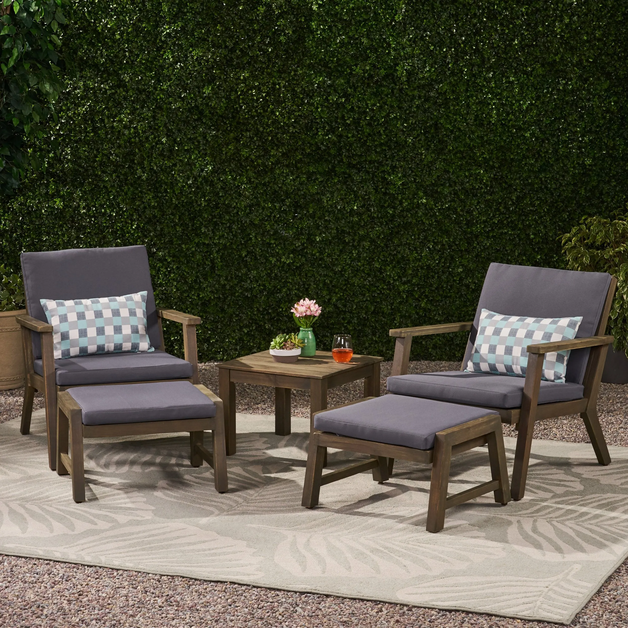 Outdoor Mid-Century Modern Acacia Wood 2 Seater Chat Set with Ottomans - NH251213 patio chairs, outdoor seating