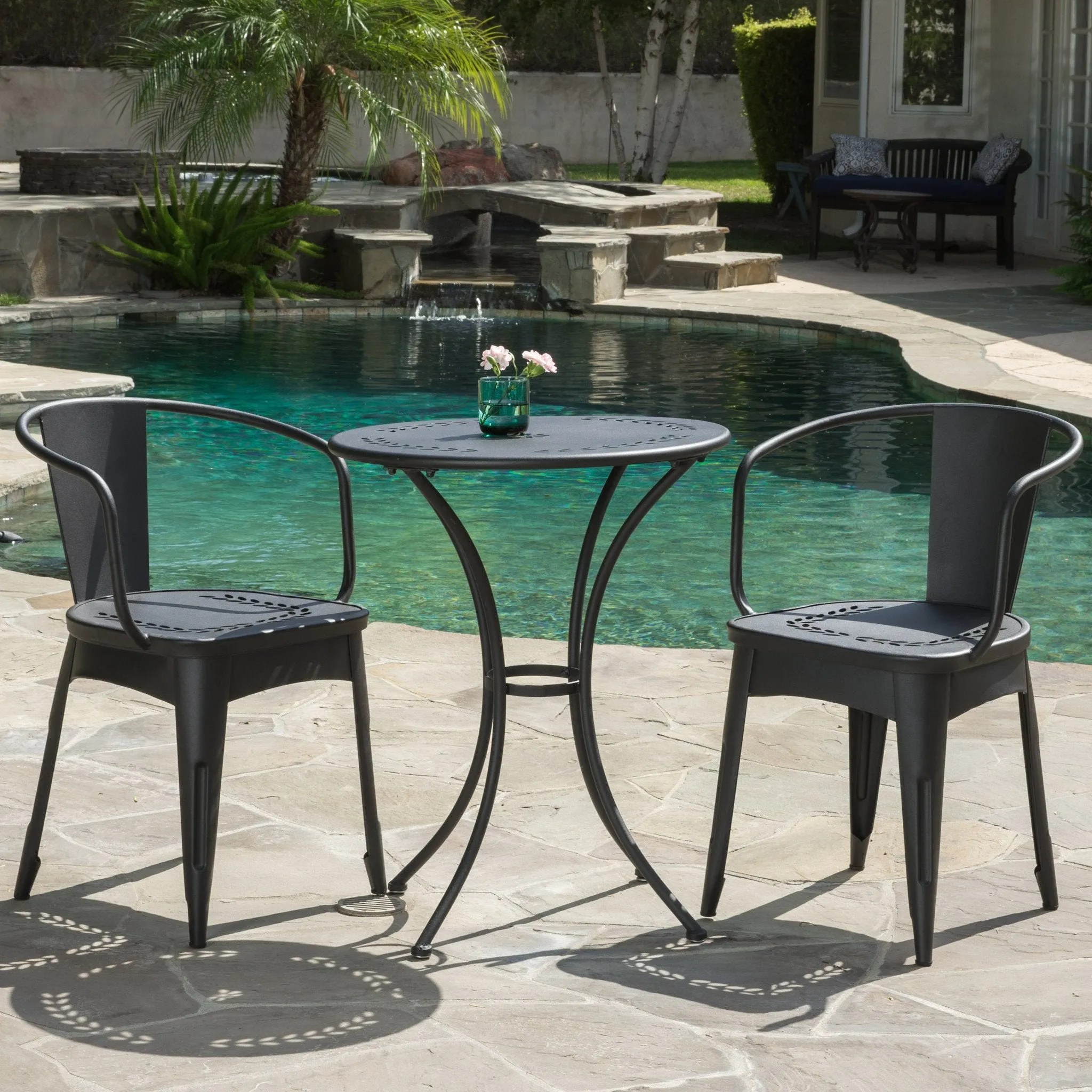 Outdoor Modern 3 Piece Floral Pattern Black Bistro Set - NH719592 patio chairs, outdoor seating