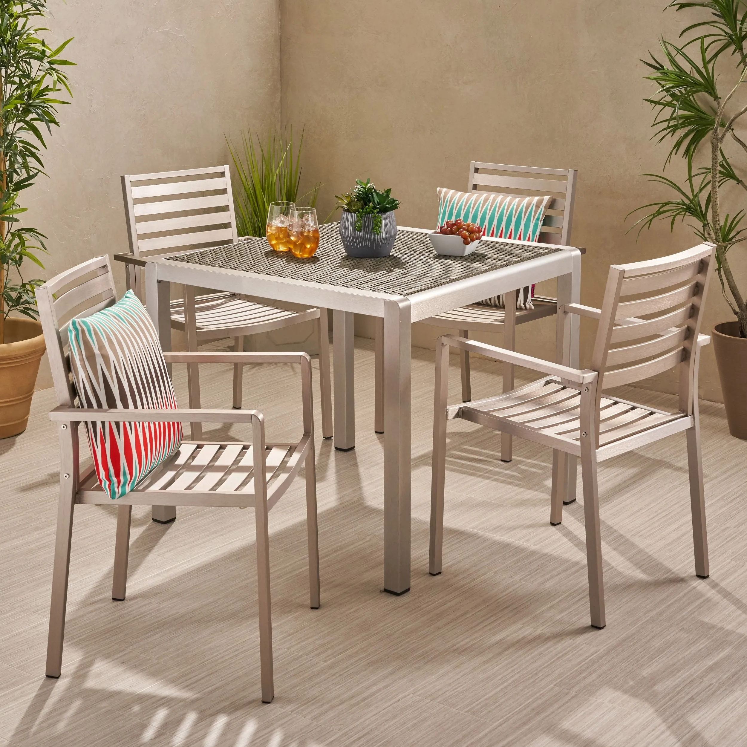 Outdoor Modern 4 Seater Aluminum Dining Set with Wicker Table Top - NH768013 patio chairs, outdoor seating