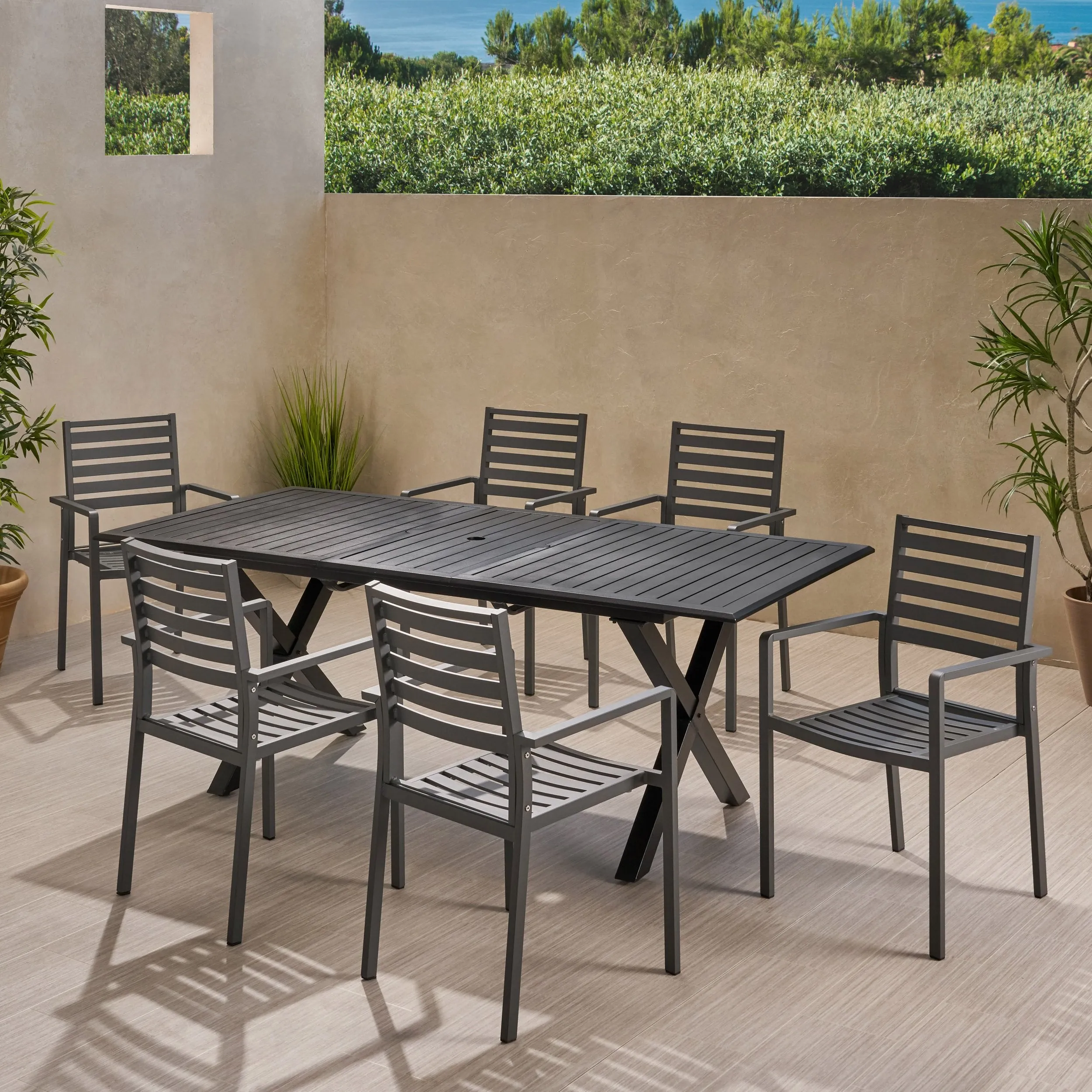 Outdoor Modern 6 Seater Aluminum Dining Set with Expandable Table - NH868013 patio chairs, outdoor seating