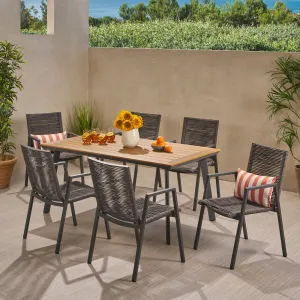 Outdoor Modern 6 Seater Aluminum Dining Set with Faux Wood Table Top - NH458013 patio chairs, outdoor seating