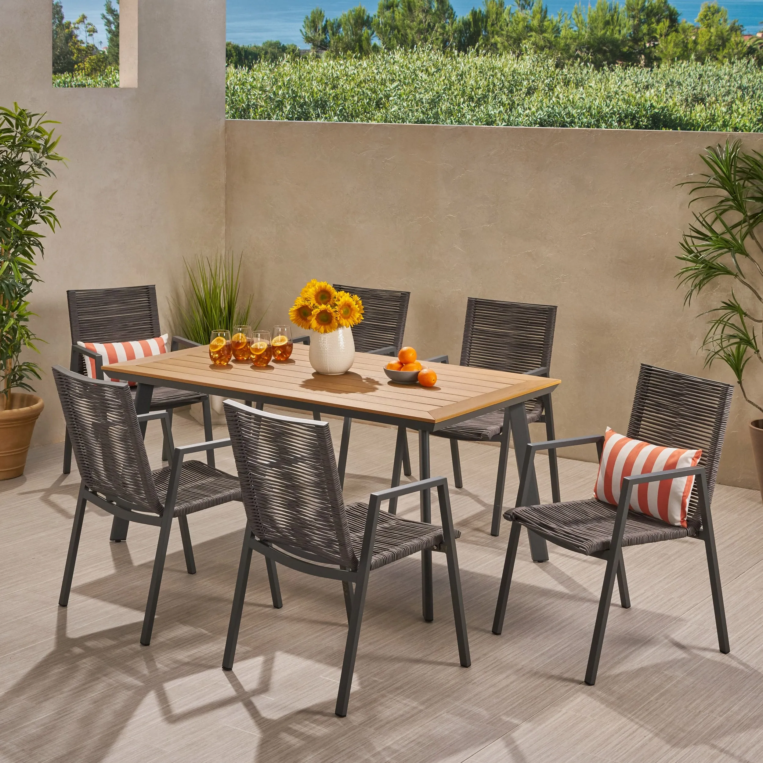Outdoor Modern 6 Seater Aluminum Dining Set with Faux Wood Table Top - NH458013 patio chairs, outdoor seating