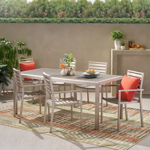 Outdoor Modern 6 Seater Aluminum Dining Set with Faux Wood Table Top - NH468013 patio chairs, outdoor seating