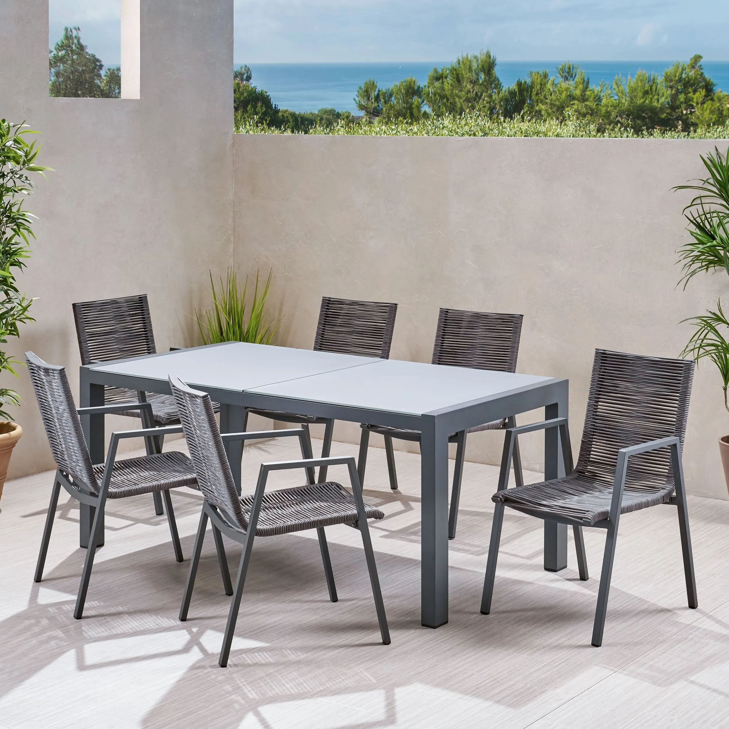 Outdoor Modern 6 Seater Aluminum Dining Set with Tempered Glass Top - NH258013 patio chairs, outdoor seating