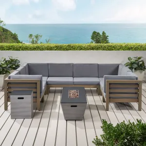 Outdoor Modern 8 Seater Acacia Wood Sectional Sofa Set with Fire Pit and Tank Holder - NH164113 patio chairs, outdoor seating