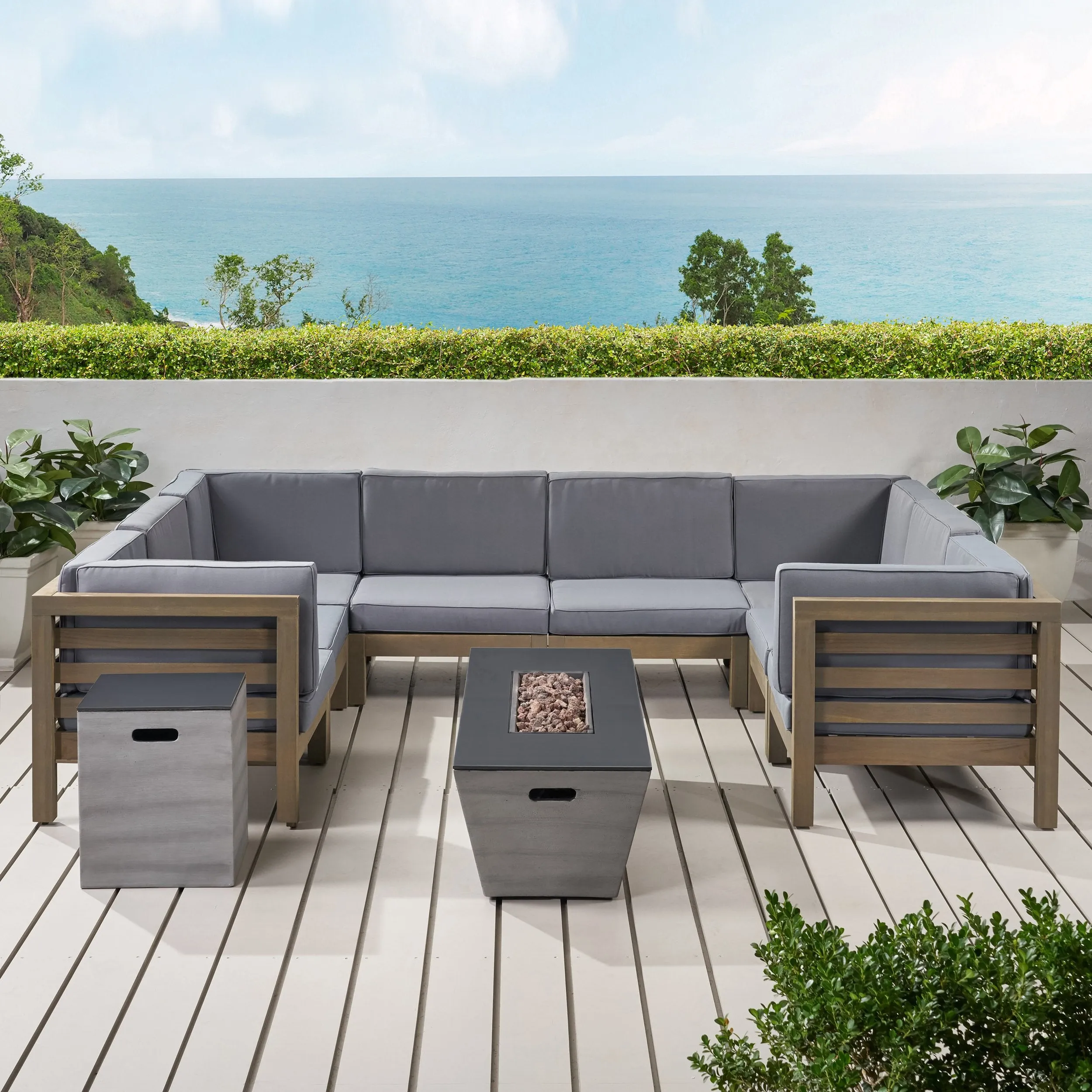 Outdoor Modern 8 Seater Acacia Wood Sectional Sofa Set with Fire Pit and Tank Holder - NH164113 patio chairs, outdoor seating
