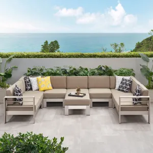 Outdoor Modern 9 Seater Aluminum U-Shaped Sofa Sectional Set with Ottoman, Silver and Khaki - NH868903 patio chairs, outdoor seating