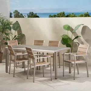 Outdoor Modern Aluminum 6 Seater Dining Set with Faux Wood Seats - NH959013 patio chairs, outdoor seating