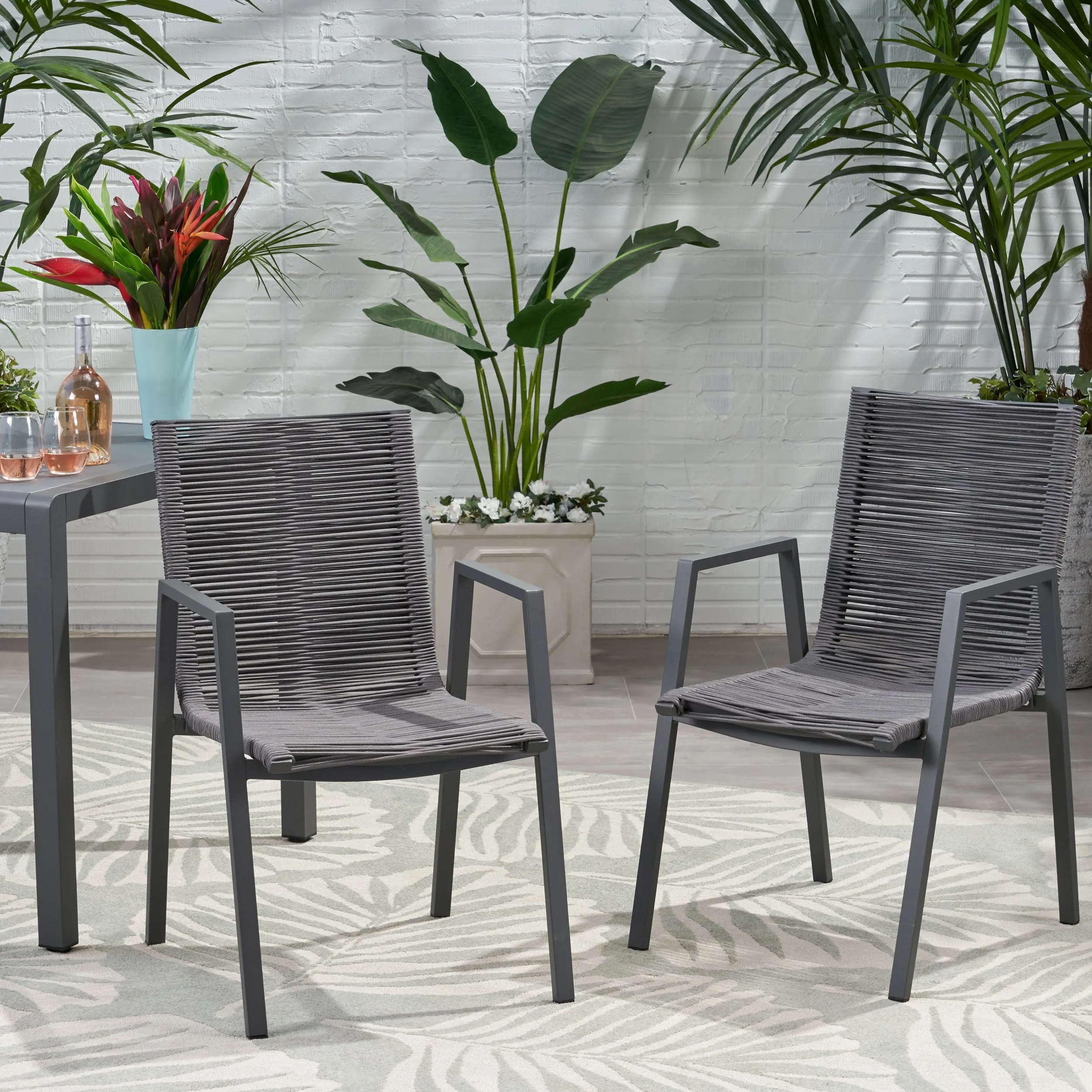 Outdoor Modern Aluminum Dining Chair with Rope Seat (Set of 2) - NH848013 patio chairs, outdoor seating