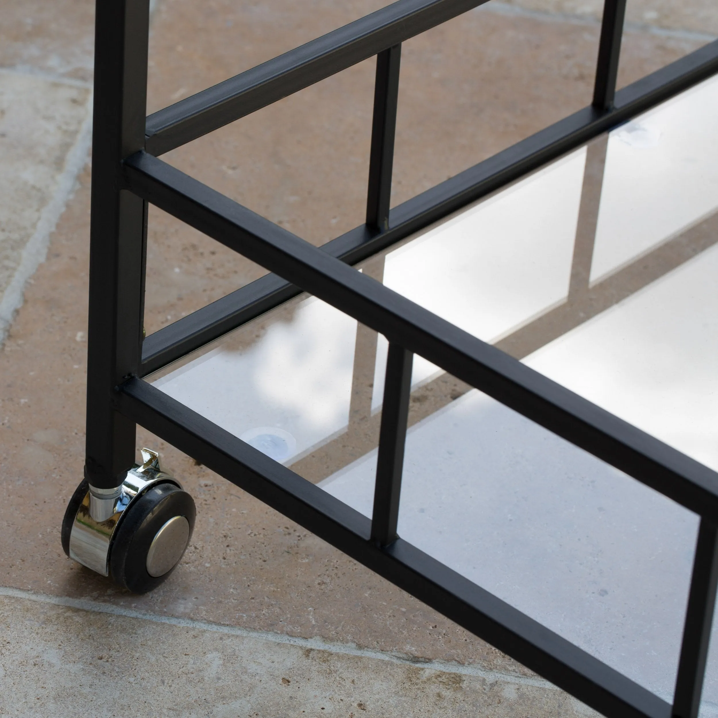 Outdoor Modern Black Metal Bar Cart with Tempered Glass Top - NH012203