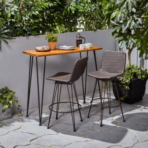 Outdoor Modern Industrial 3 Piece Acacia Wood Bar Set - NH595503 patio chairs, outdoor seating
