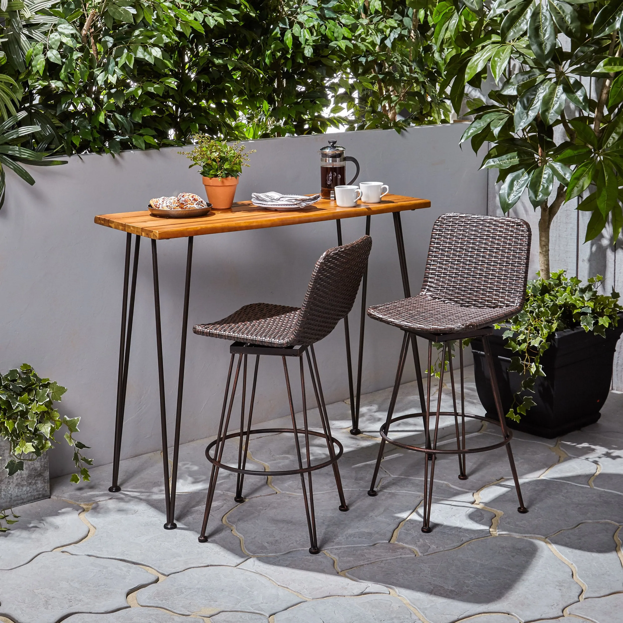 Outdoor Modern Industrial 3 Piece Acacia Wood Bar Set - NH595503 patio chairs, outdoor seating