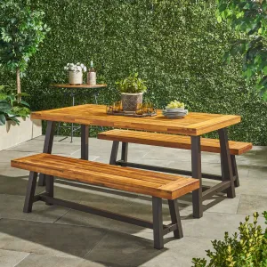 Outdoor Modern Industrial 3 Piece Acacia Wood Picnic Dining Set with Benches, Sandblasted Teak - NH304892 patio chairs, outdoor seating