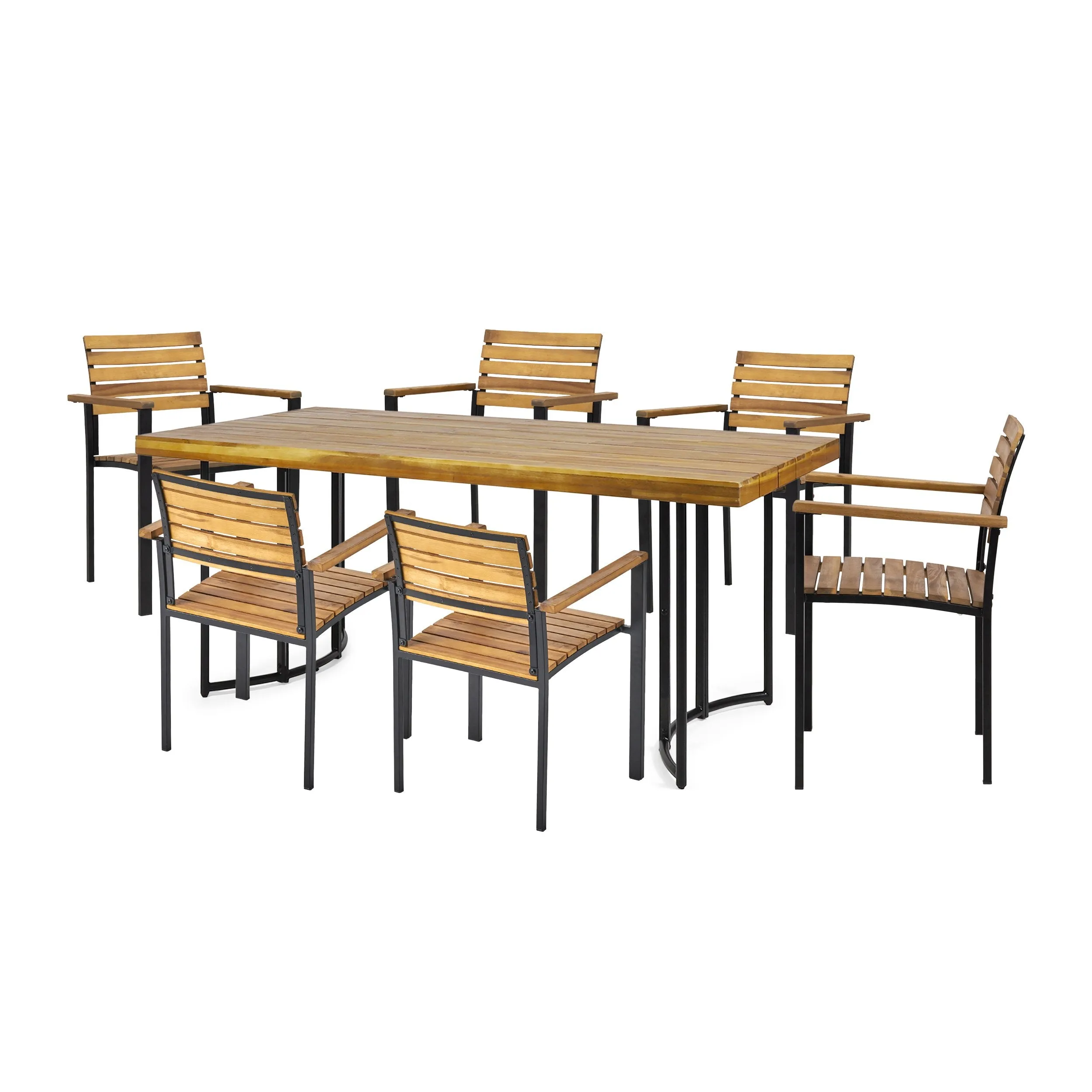 Outdoor Modern Industrial 7 Piece Acacia Wood Dining Set - NH629213 patio chairs, outdoor seating