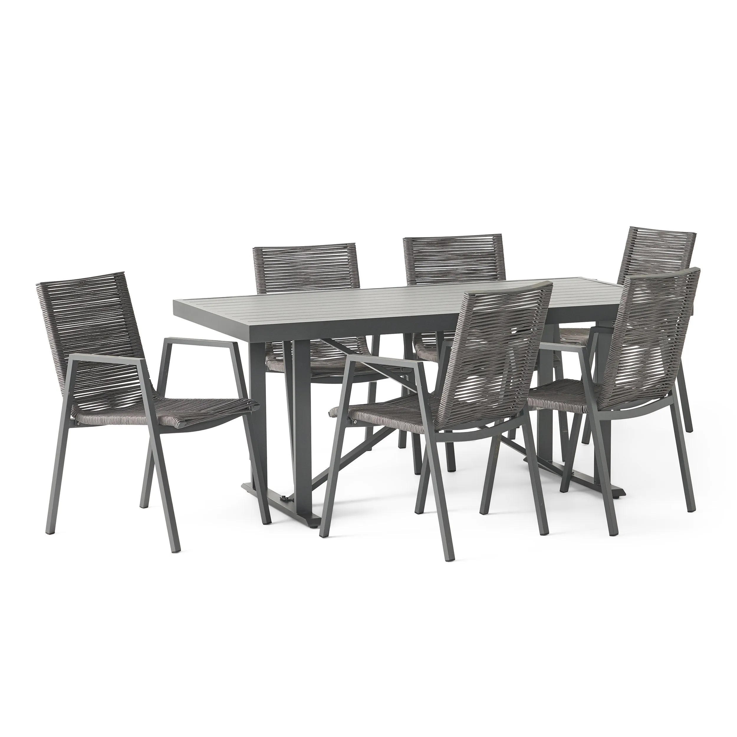 Outdoor Modern Industrial Aluminum 7 Piece Dining Set with Rope Seating - NH605313 patio chairs, outdoor seating