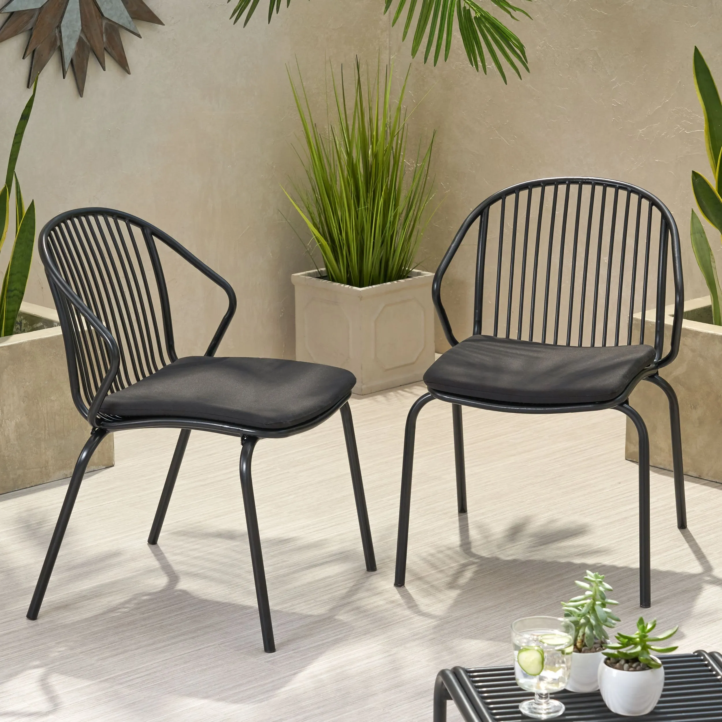 Outdoor Modern Iron Club Chair with Cushion (Set of 2) - NH717013 patio chairs, outdoor seating