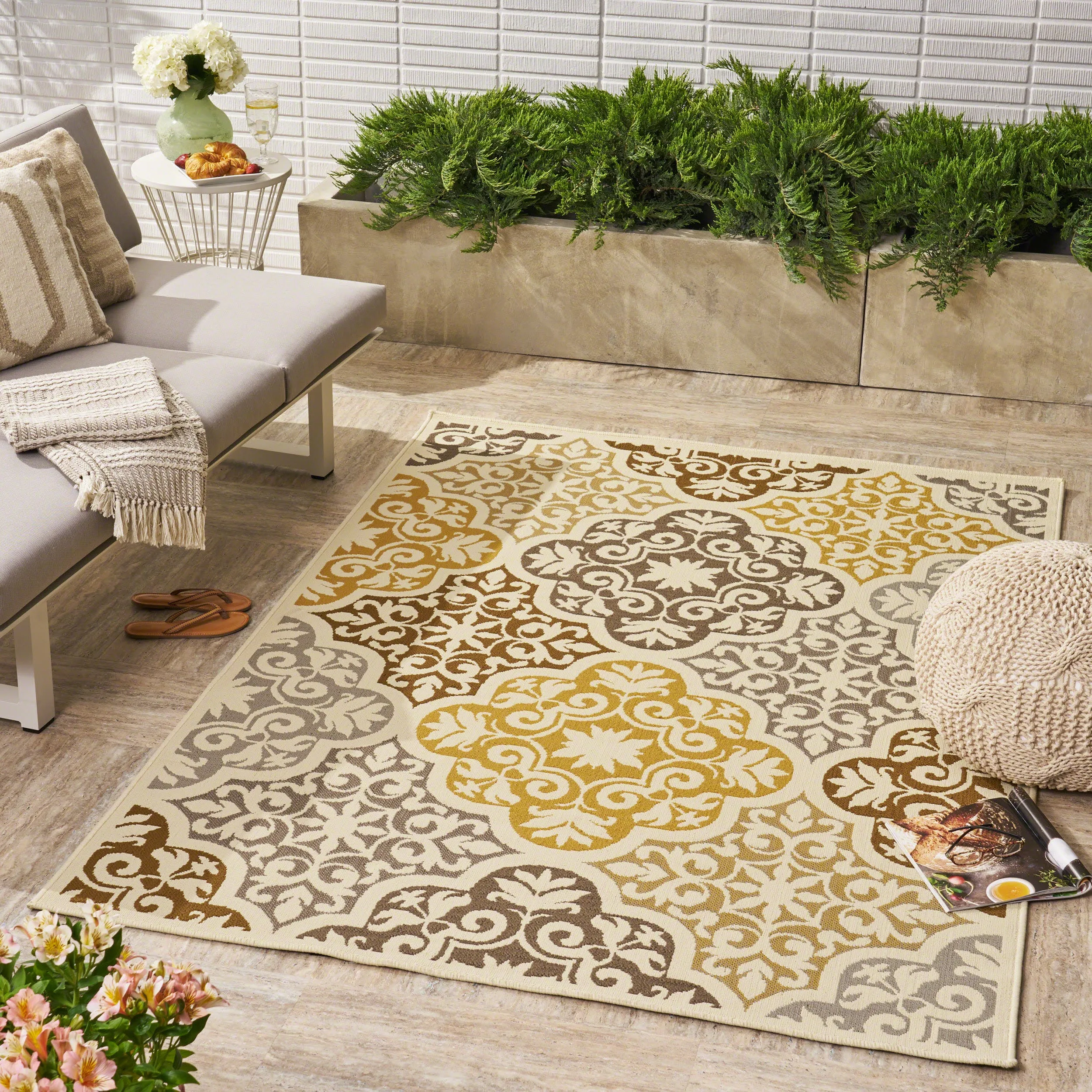 Outdoor Modern Oriental Quatrefoil Ivory and Gray Rectangular Area Rug - NH129403 patio chairs, outdoor seating