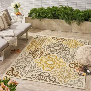 Outdoor Modern Oriental Quatrefoil Ivory and Gray Rectangular Area Rug - NH129403 patio chairs, outdoor seating