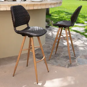 Outdoor Multi-brown Wicker Barstools with Brown Wood Finish Metal Leg - NH251403 patio chairs, outdoor seating