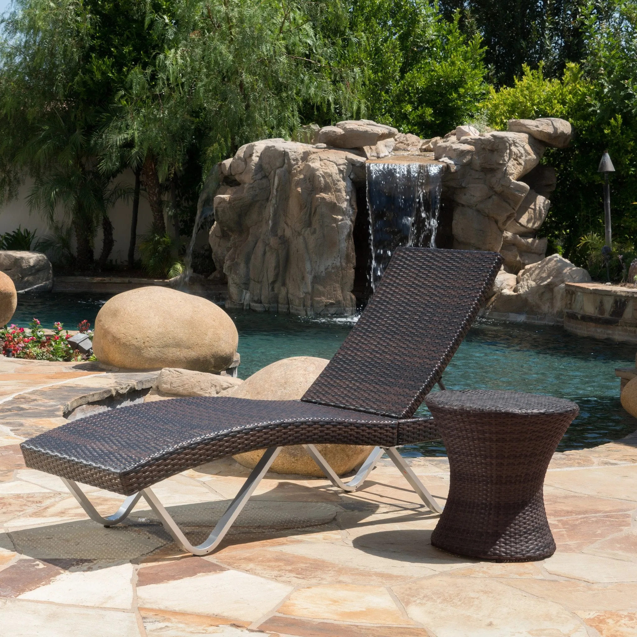 Outdoor Multi Brown Wicker Chaise Lounge with Table - NH122692 patio chairs, outdoor seating