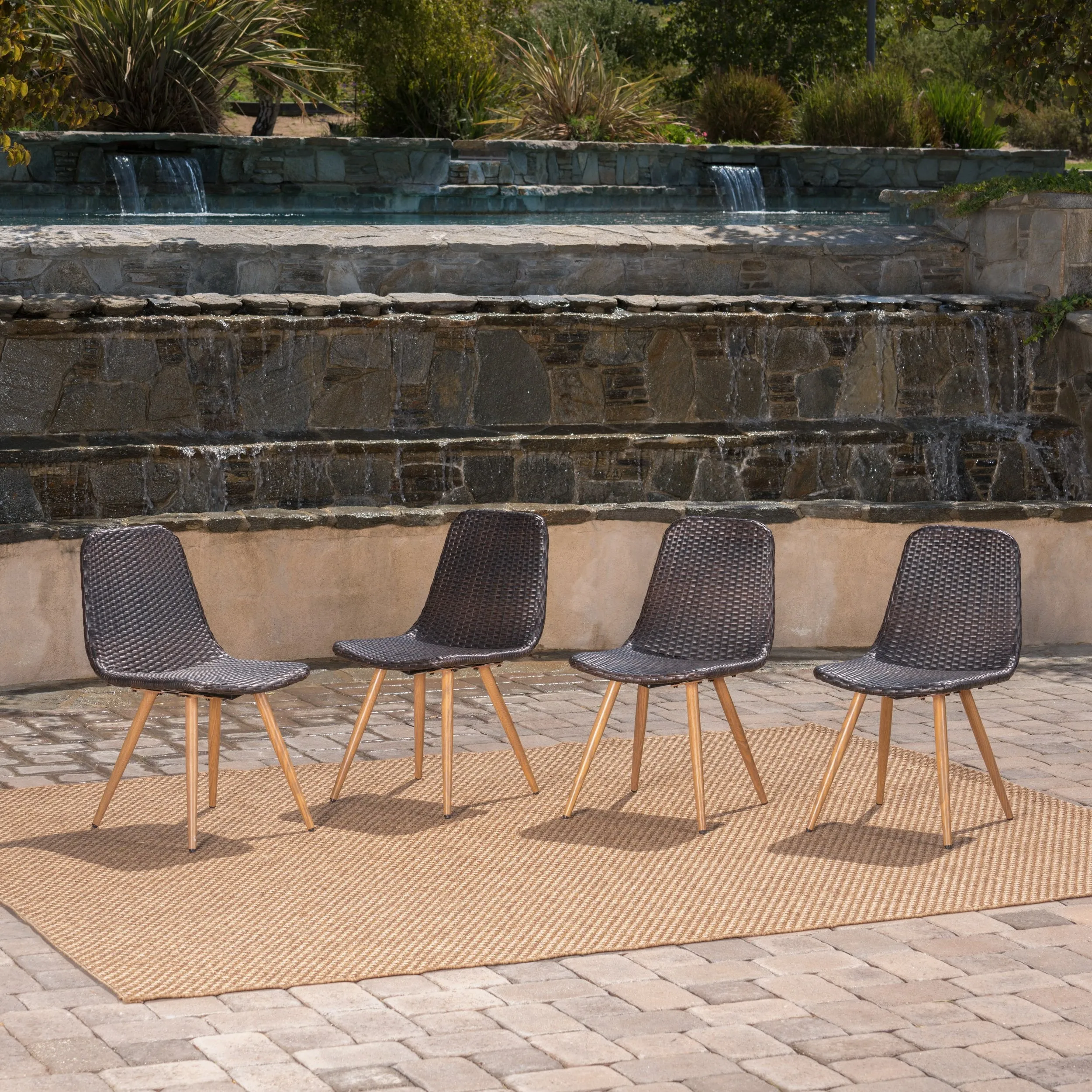 Outdoor Multi-Brown Wicker Dining Chairs With Wood Finished Metal Legs - NH179103