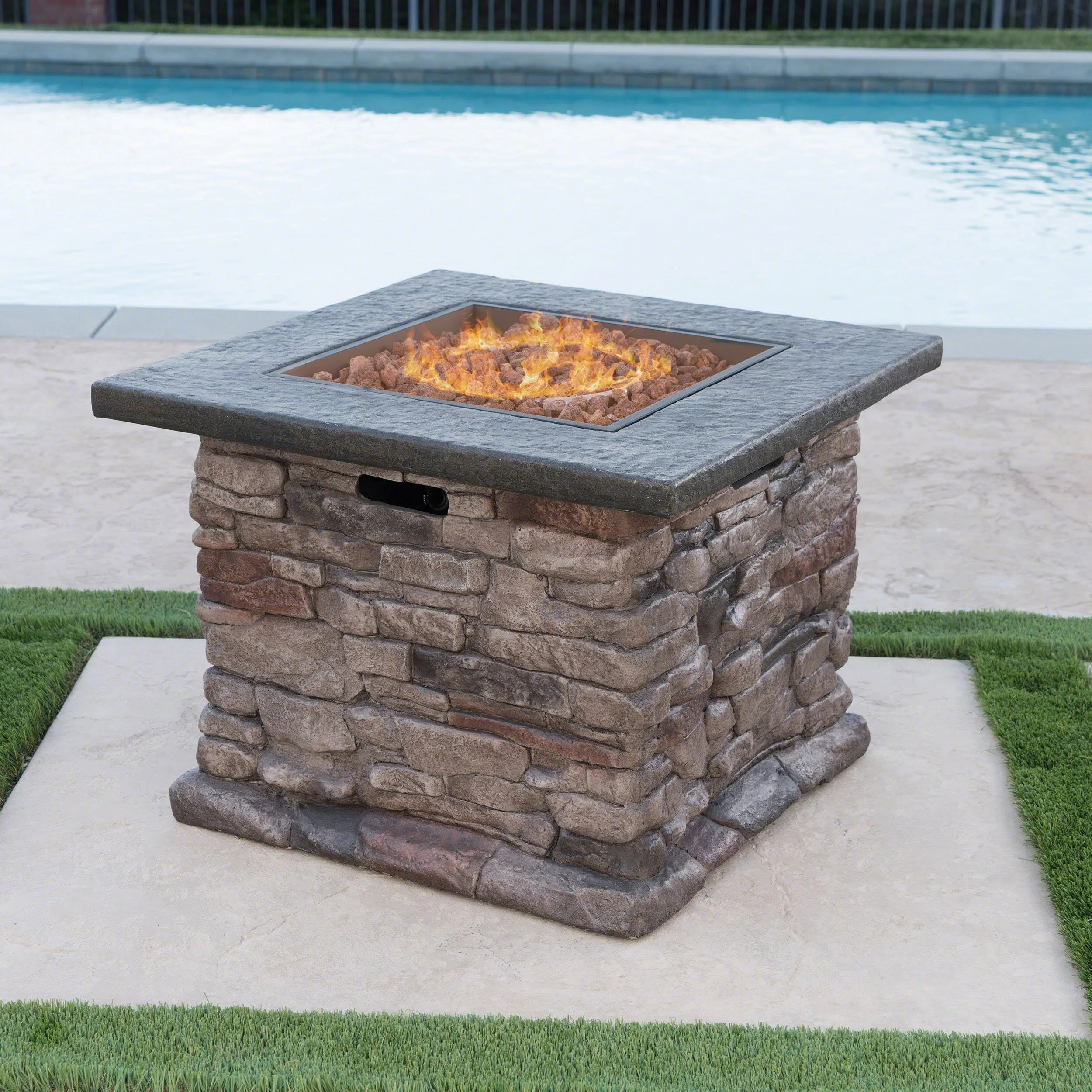 Outdoor Natural Stone Finished Propane Fire Pit -- 40,000 BTU - NH936303 patio chairs, outdoor seating