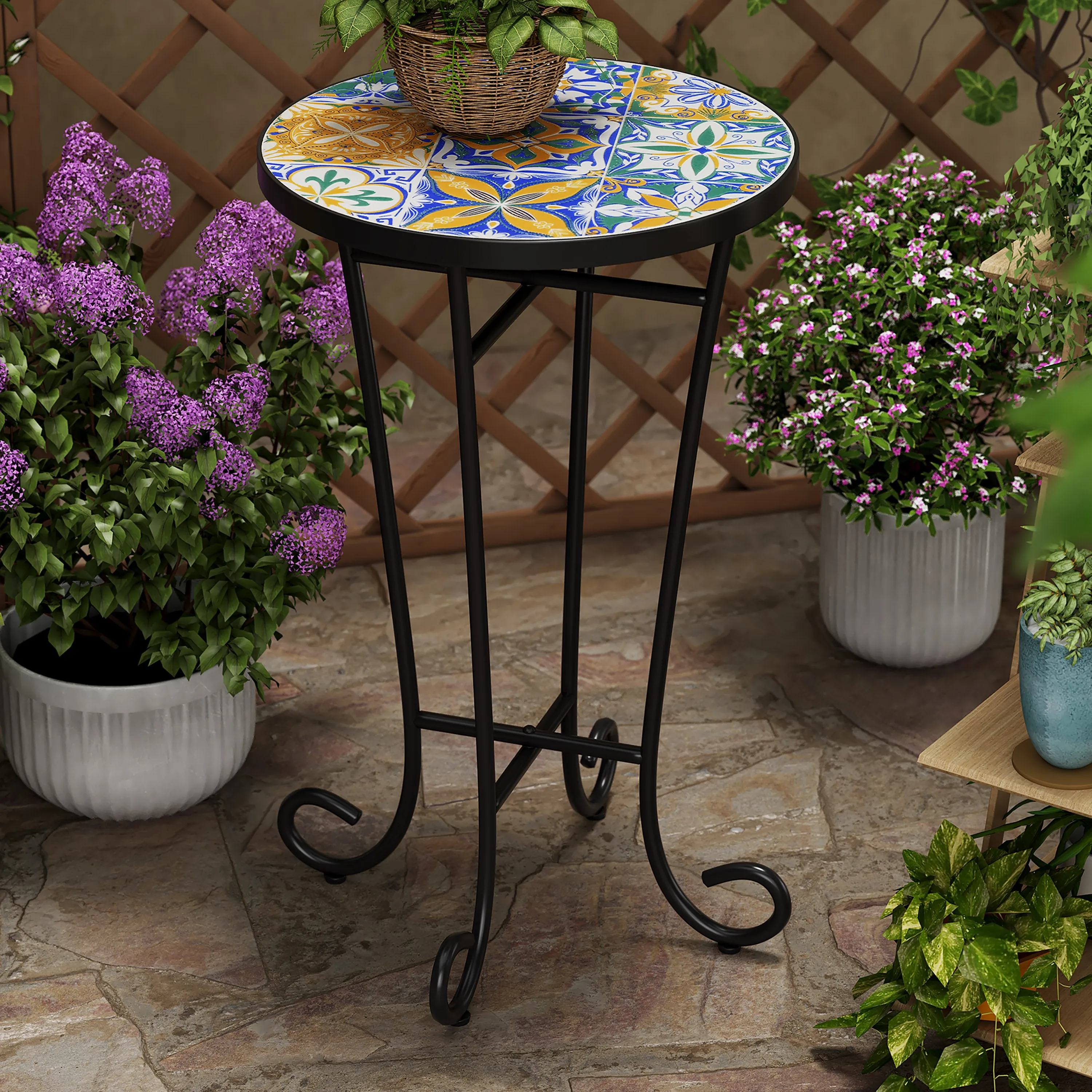 Outdoor Patio Round Side Table, Ceramic Tile patio chairs, outdoor seating