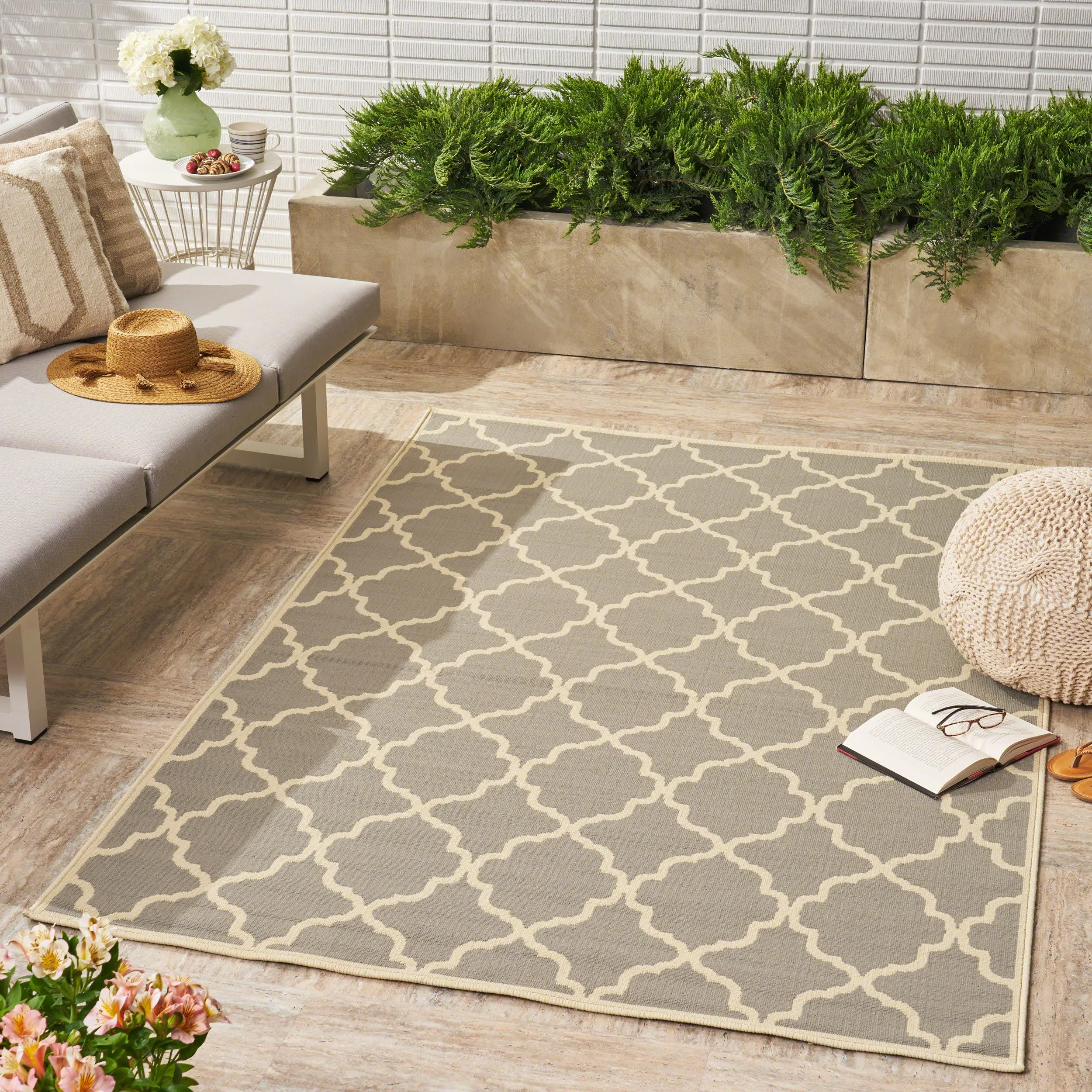 Outdoor Quatrefoil Gray and Ivory Rectangular Area Rug - NH919403 patio chairs, outdoor seating