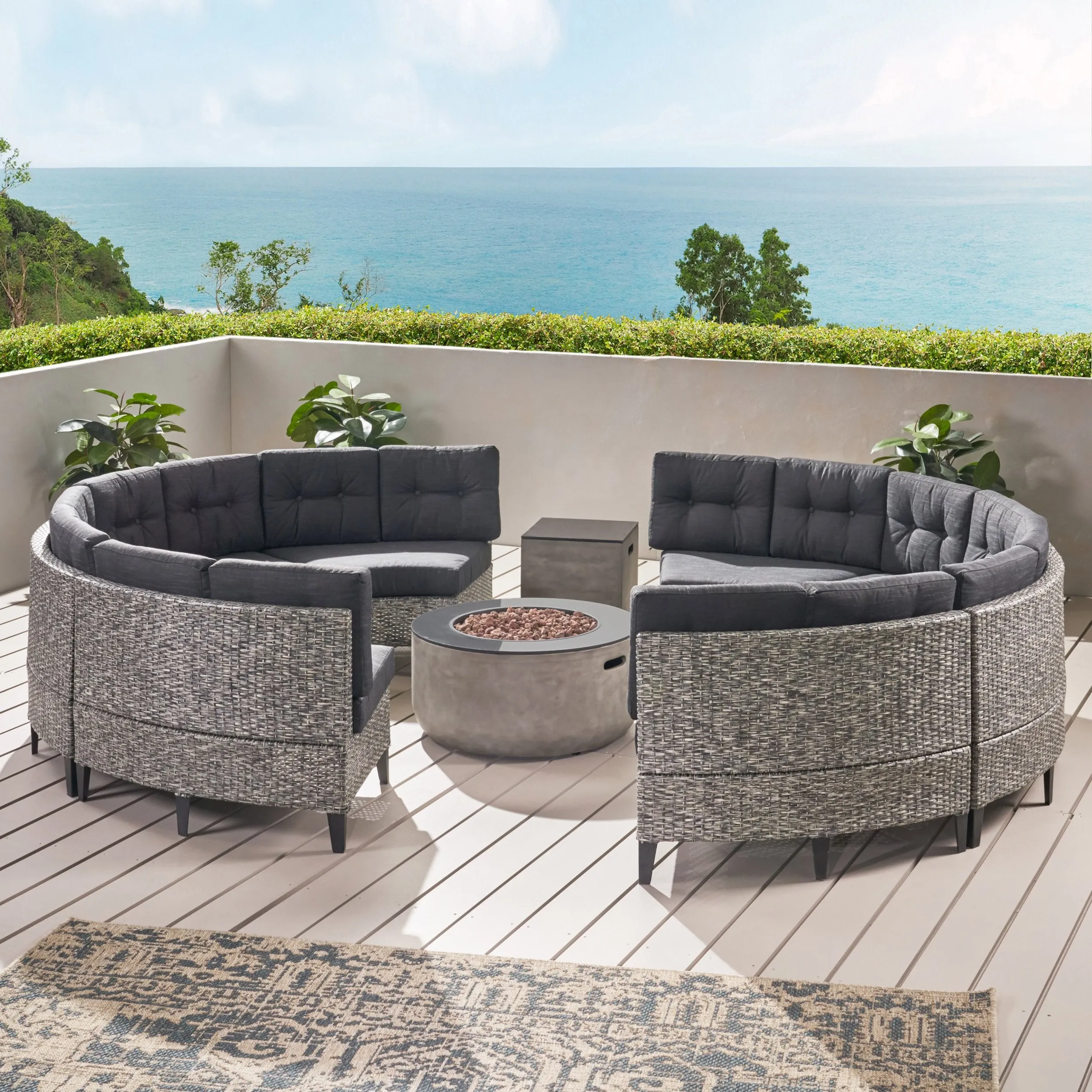 Outdoor Round 8 Seater Wicker Sectional Set with Fire Pit and Tank Holder - NH764113 patio chairs, outdoor seating