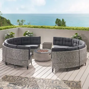 Outdoor Round 8 Seater Wicker Sectional Set with Fire Pit and Tank Holder - NH764113 patio chairs, outdoor seating