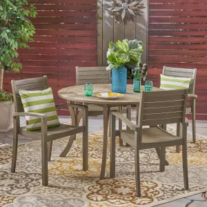 Outdoor Rustic 5 Piece Round Acacia Wood Dining Set with Slats - NH294603 patio chairs, outdoor seating