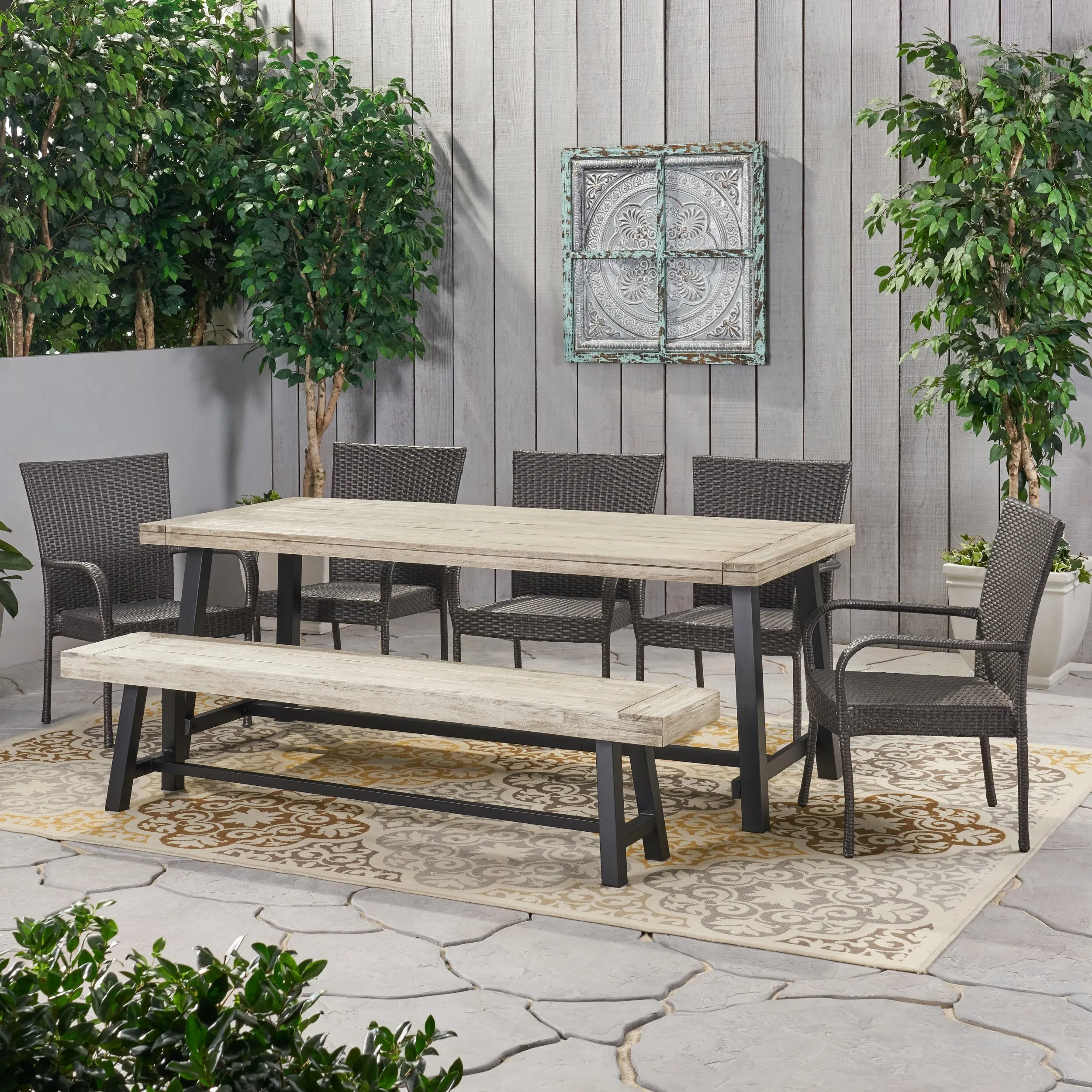 Outdoor Rustic Acacia Wood 8 Seater Dining Set with Dining Bench - NH669013