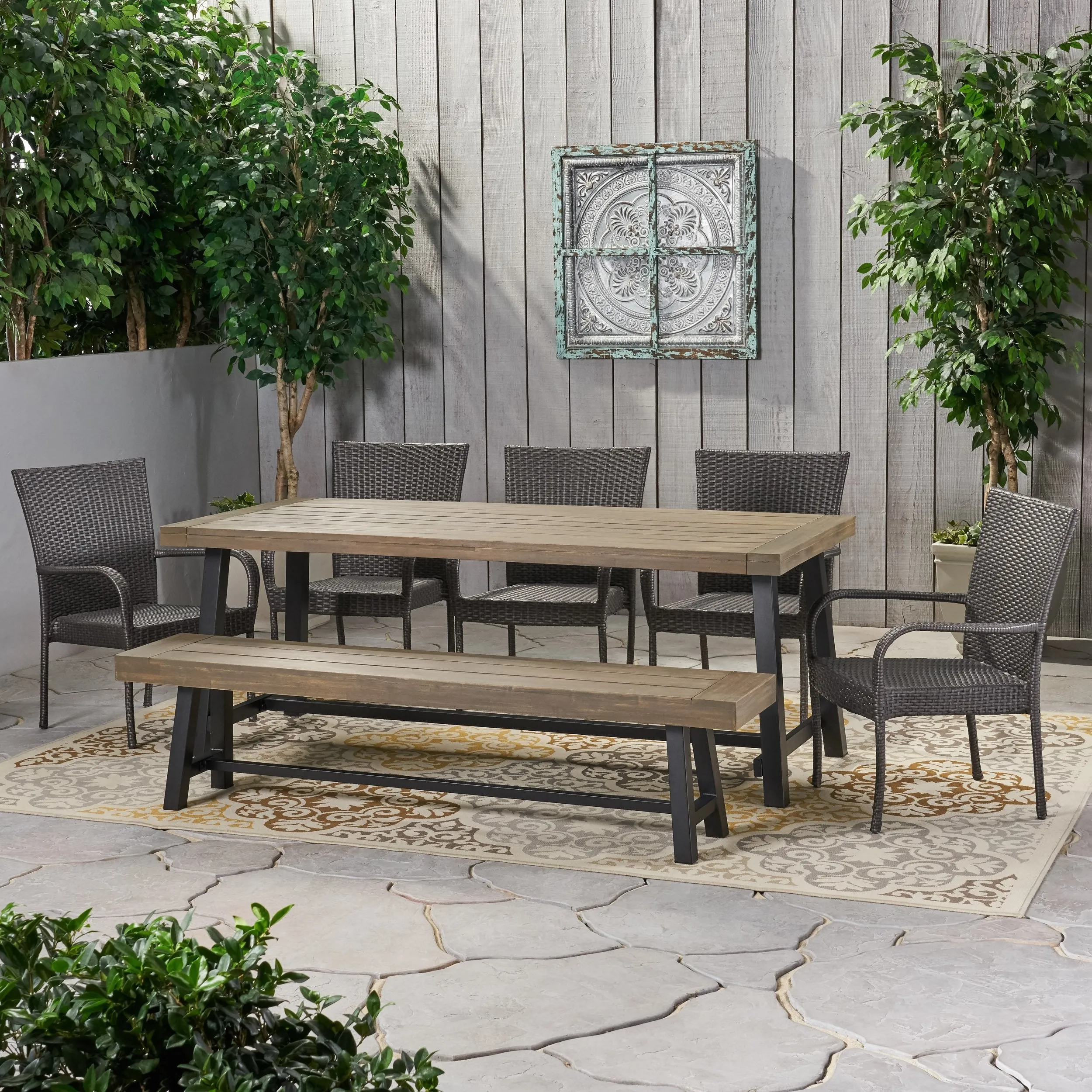 Outdoor Rustic Acacia Wood 8 Seater Dining Set with Dining Bench - NH669013