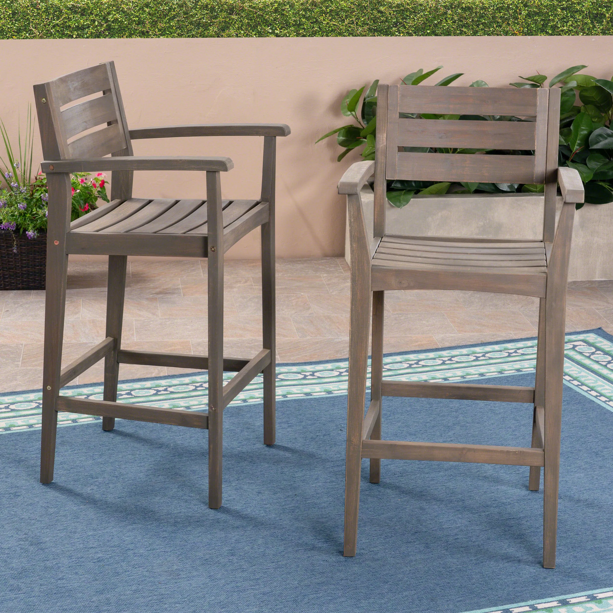 Outdoor Rustic Acacia Wood Barstool (Set of 2) - NH418503 patio chairs, outdoor seating