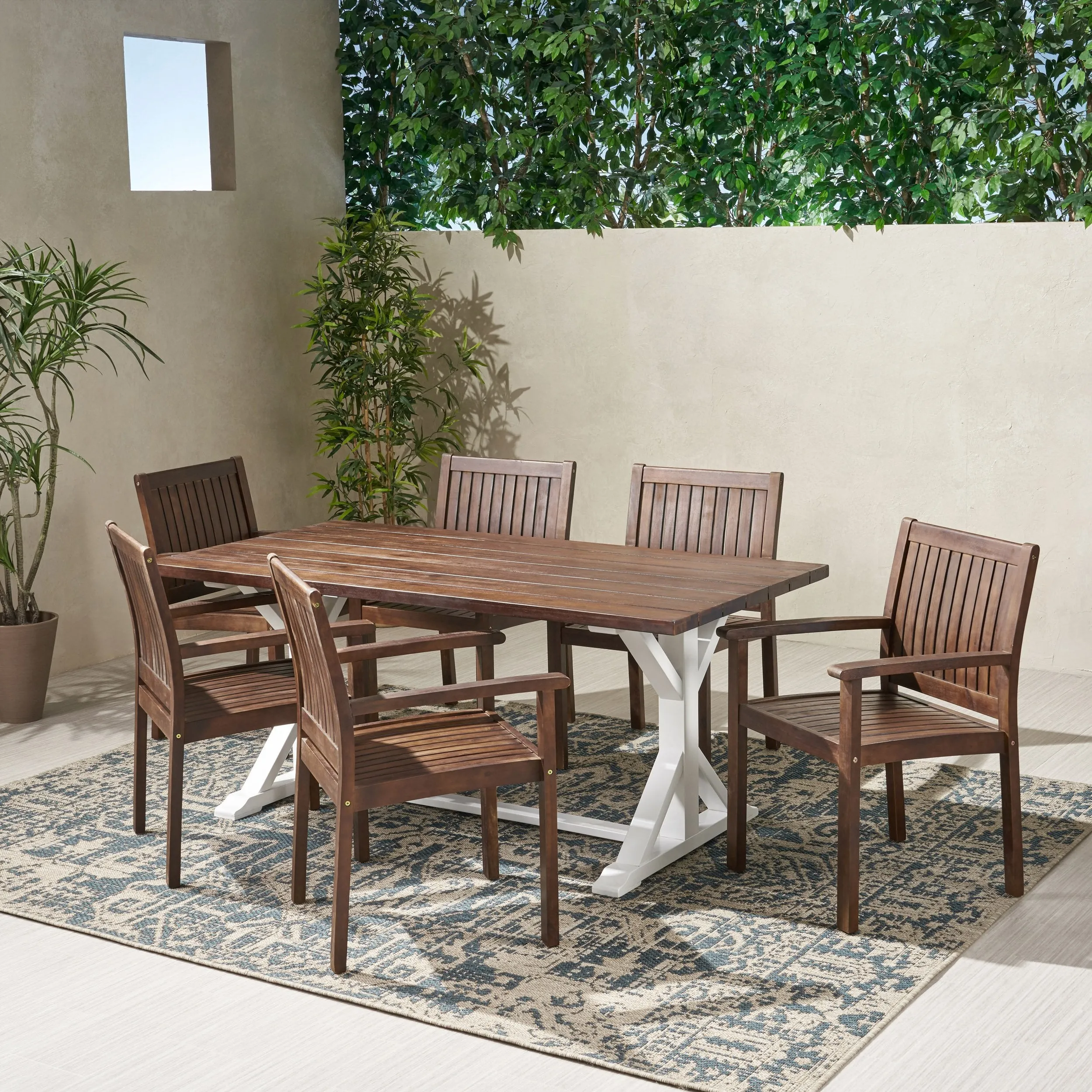Outdoor Rustic Farmhouse Acacia Wood 7 Piece Dining Set - NH839603 patio chairs, outdoor seating