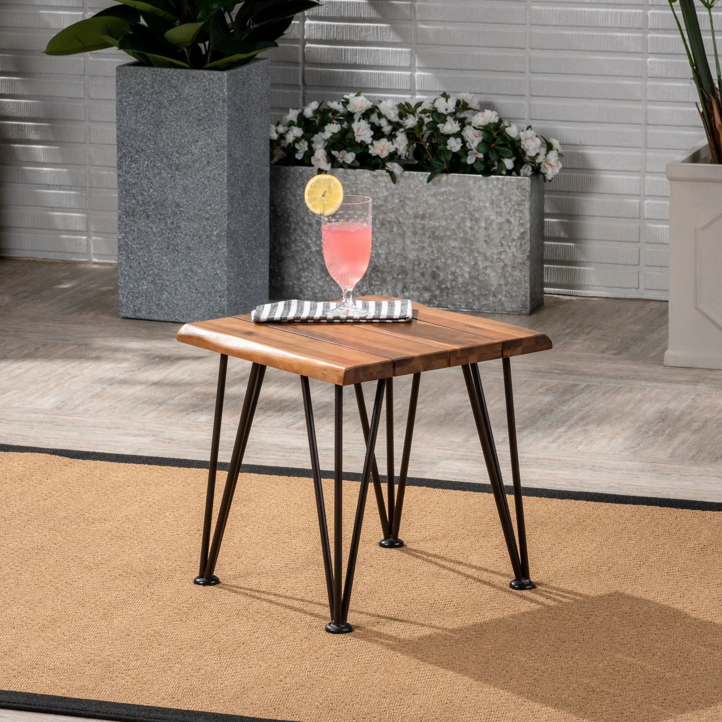 Outdoor Rustic Industrial Acacia Wood Accent Table with Metal Hairpin Legs, Teak - NH209003 patio chairs, outdoor seating