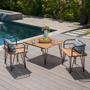 Outdoor Rustic Industrial Acacia Wood Coffee Table Chat Set with Metal Hairpin Legs, Teak - NH561403 patio chairs, outdoor seating
