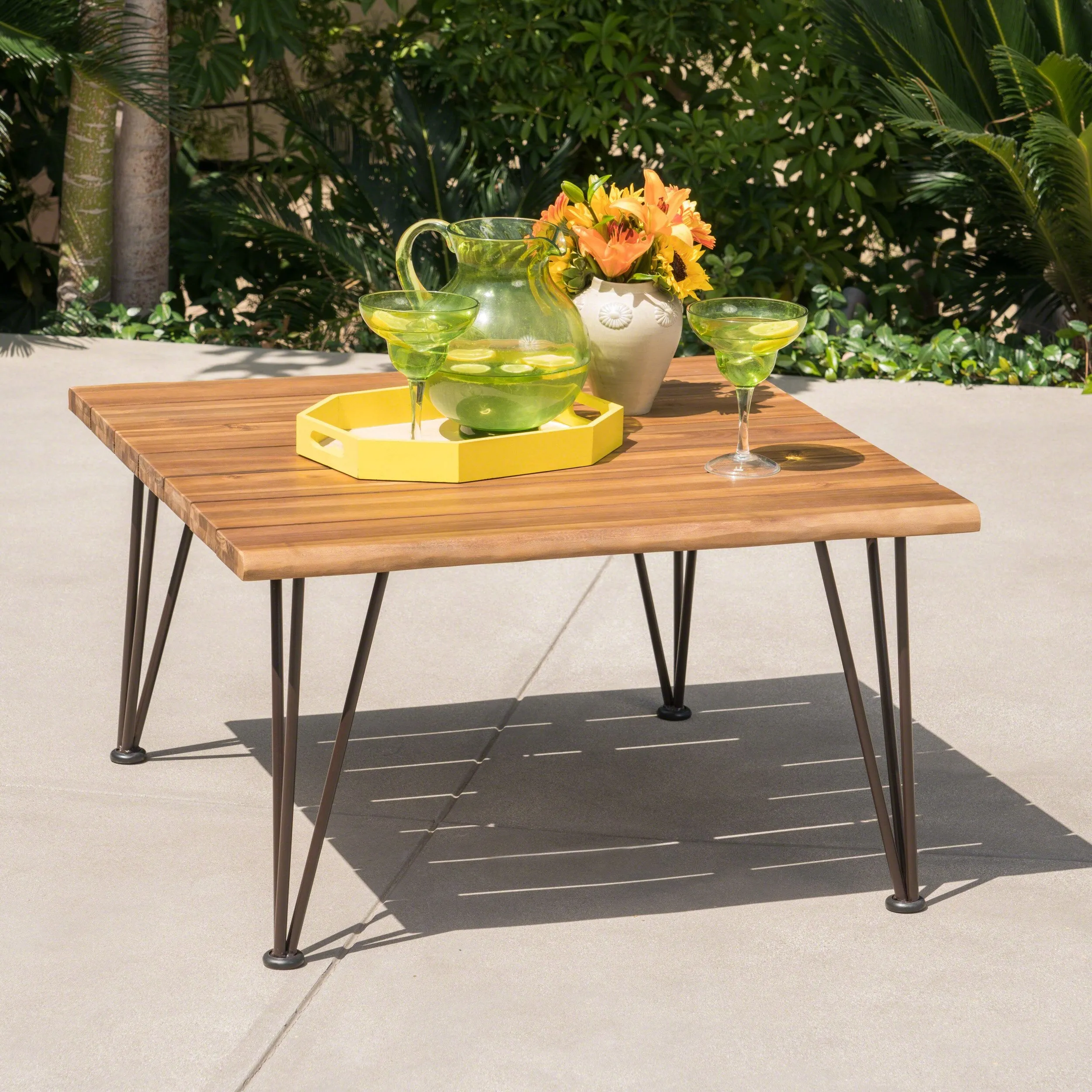 Outdoor Rustic Industrial Acacia Wood Coffee Table with Metal Hairpin Legs, Teak - NH551403 patio chairs, outdoor seating