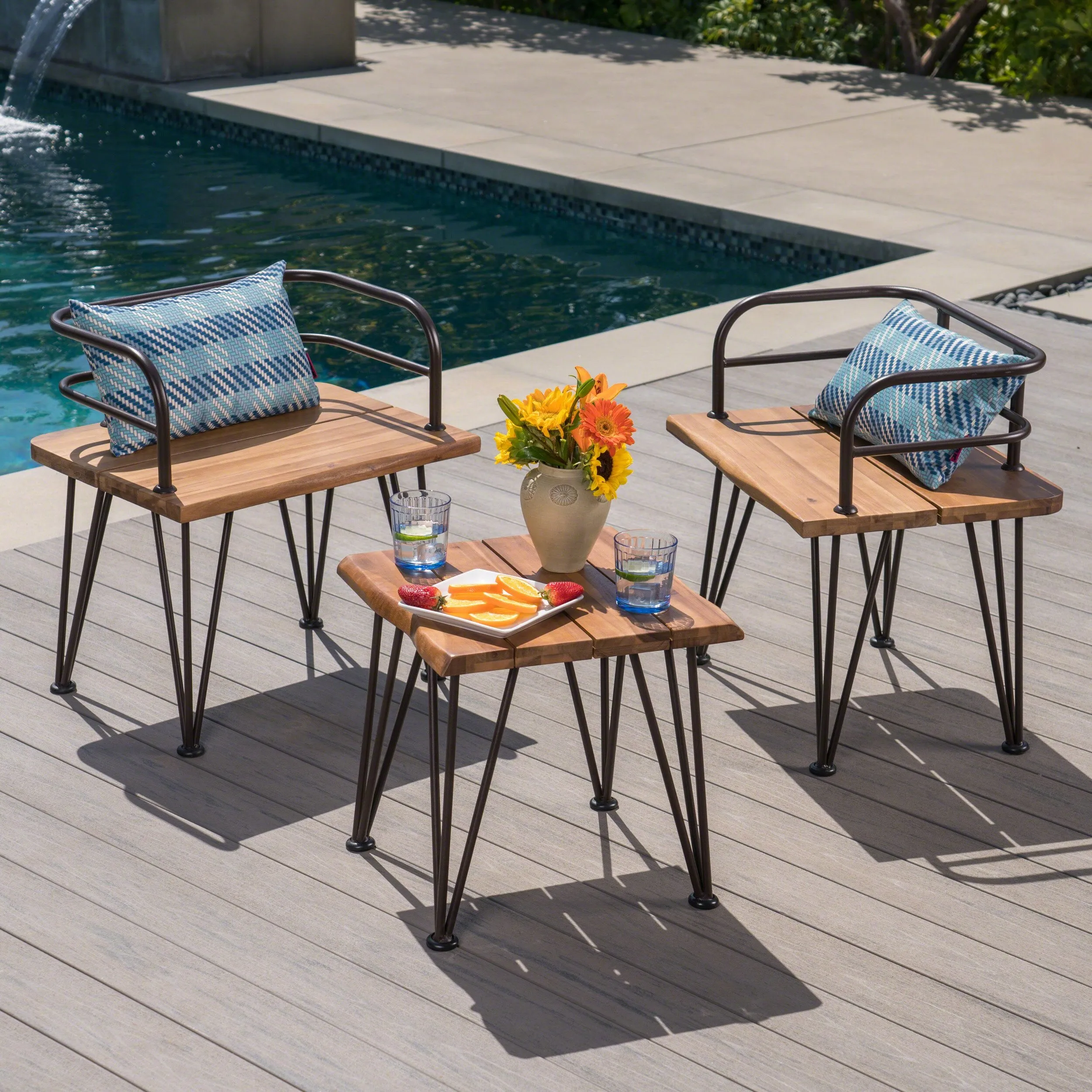 Outdoor Rustic Industrial Acacia Wood End Table Chat with Metal Hairpin Legs, Teak - NH461403 patio chairs, outdoor seating