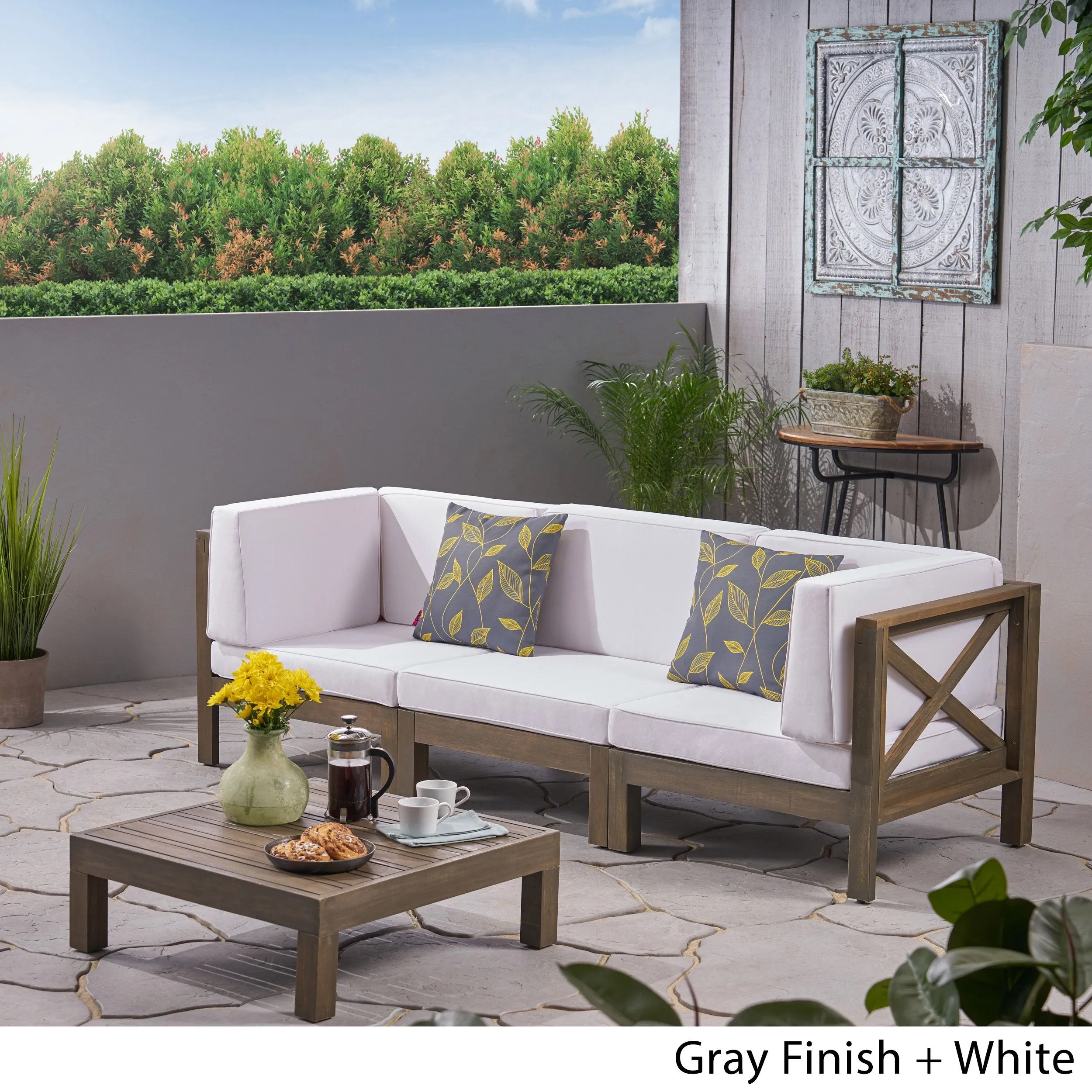 Outdoor Sectional Sofa Set with Coffee Table  3-Seater  Acacia Wood  Water-Resistant Cushions - NH407603
