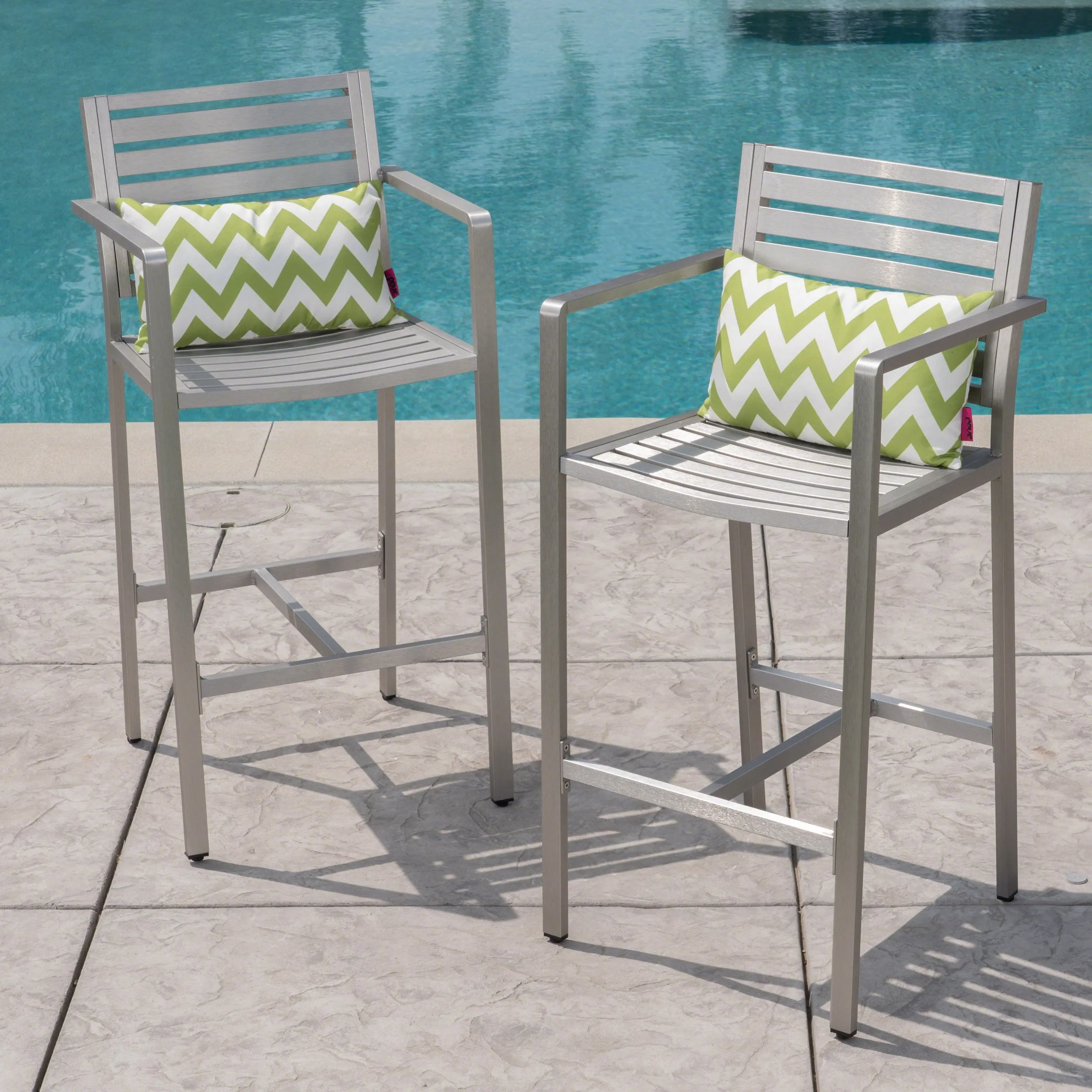 Outdoor Silver Rust-Proof Aluminum 29.50 Inch Barstools - NH752403 patio chairs, outdoor seating