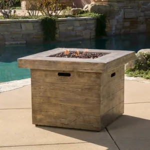 Outdoor Square Brown Lightweight Concrete Fire Pit with Wood Design - NH685692 patio chairs, outdoor seating
