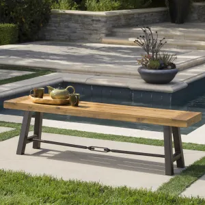 Outdoor Teak Finished Acacia Wood Bench with Rustic Metal Accents - NH365203 patio chairs, outdoor seating