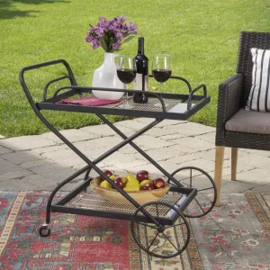 Outdoor Traditional Black Powder Coated Iron Bar Cart with Tempered Shelves - NH775203 patio chairs, outdoor seating