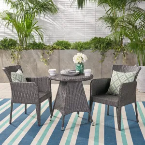 Outdoor Transitional 3-Piece Gray Wicker Bistro Set with Umbrella Hole - NH715403 patio chairs, outdoor seating