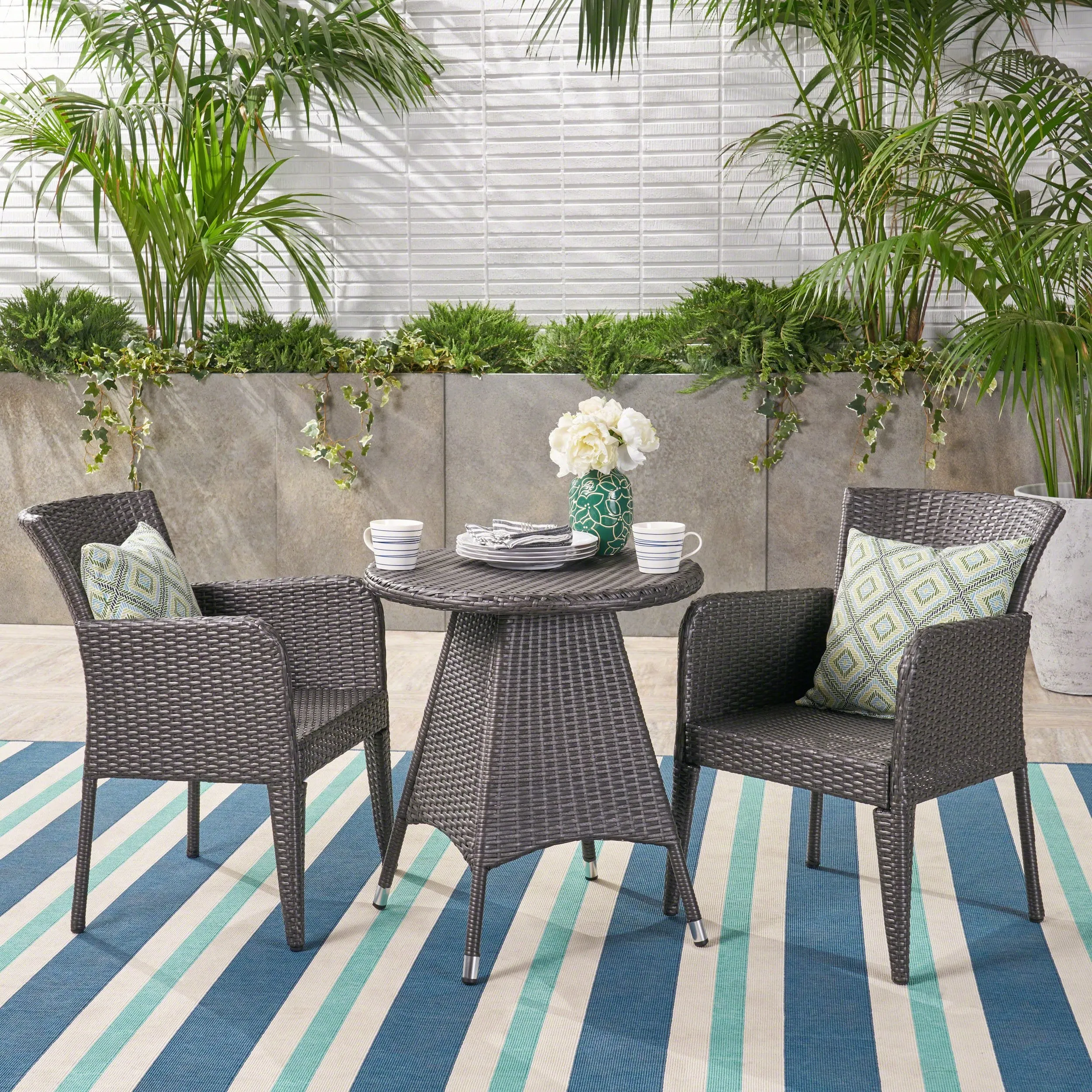 Outdoor Transitional 3-Piece Gray Wicker Bistro Set with Umbrella Hole - NH715403 patio chairs, outdoor seating