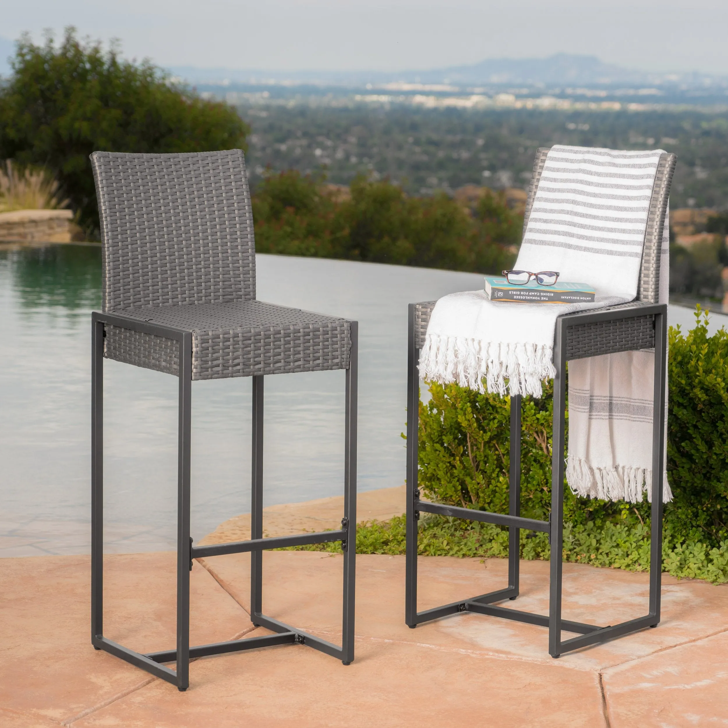 Outdoor Transitional 30-Inch Gray Wicker Barstools with Metal Frame - NH726003 patio chairs, outdoor seating